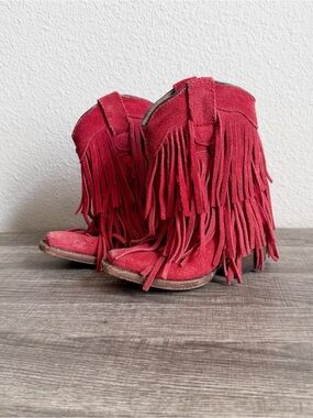 Tanner Mark Red Leather Fringe Cowboy Boots Toddler Girl Size 9